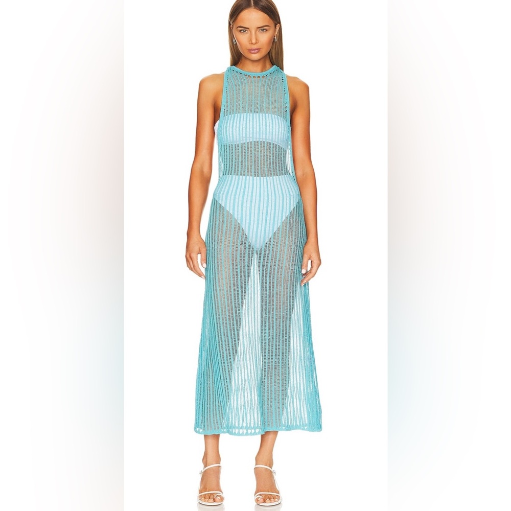 LPA Ryclen Open Knit Midi Dress in Aqua Blue- NWT